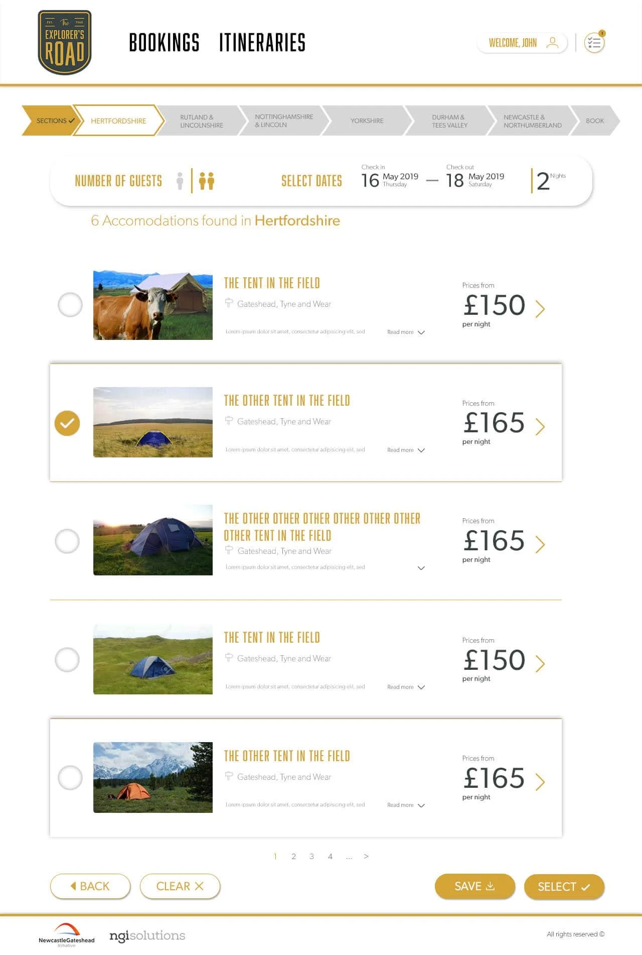Accommodation list with photos, locations and from-prices per night