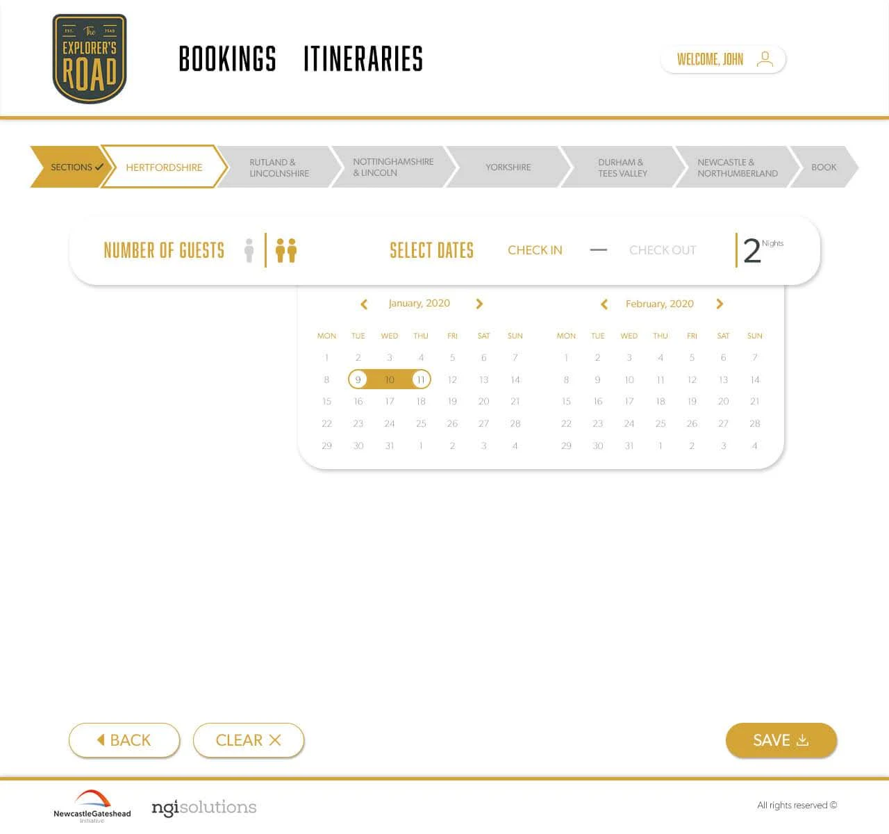Guests and dates: a step bar of route sections above a two-month calendar