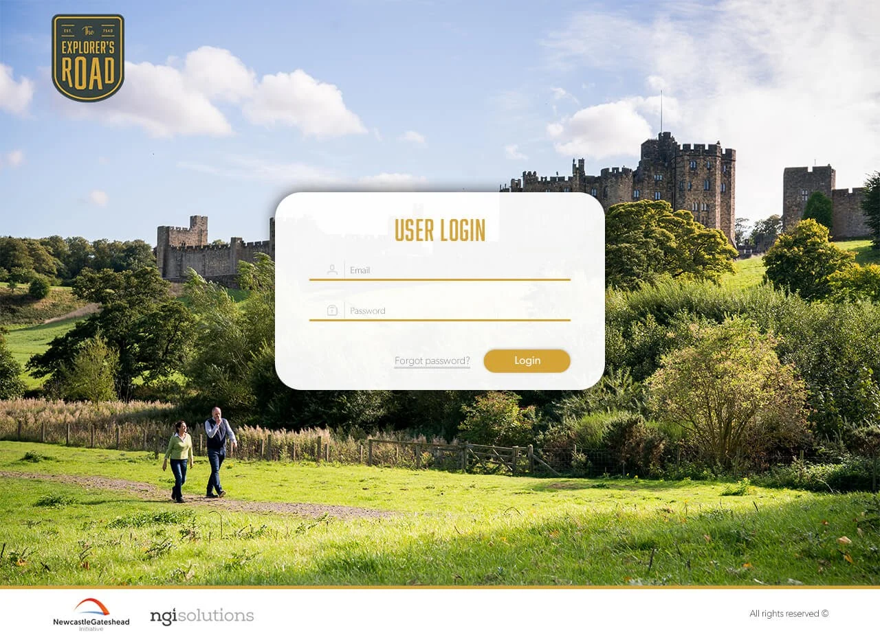 Login over a photo of a castle on the route, with a white login card and a brass button