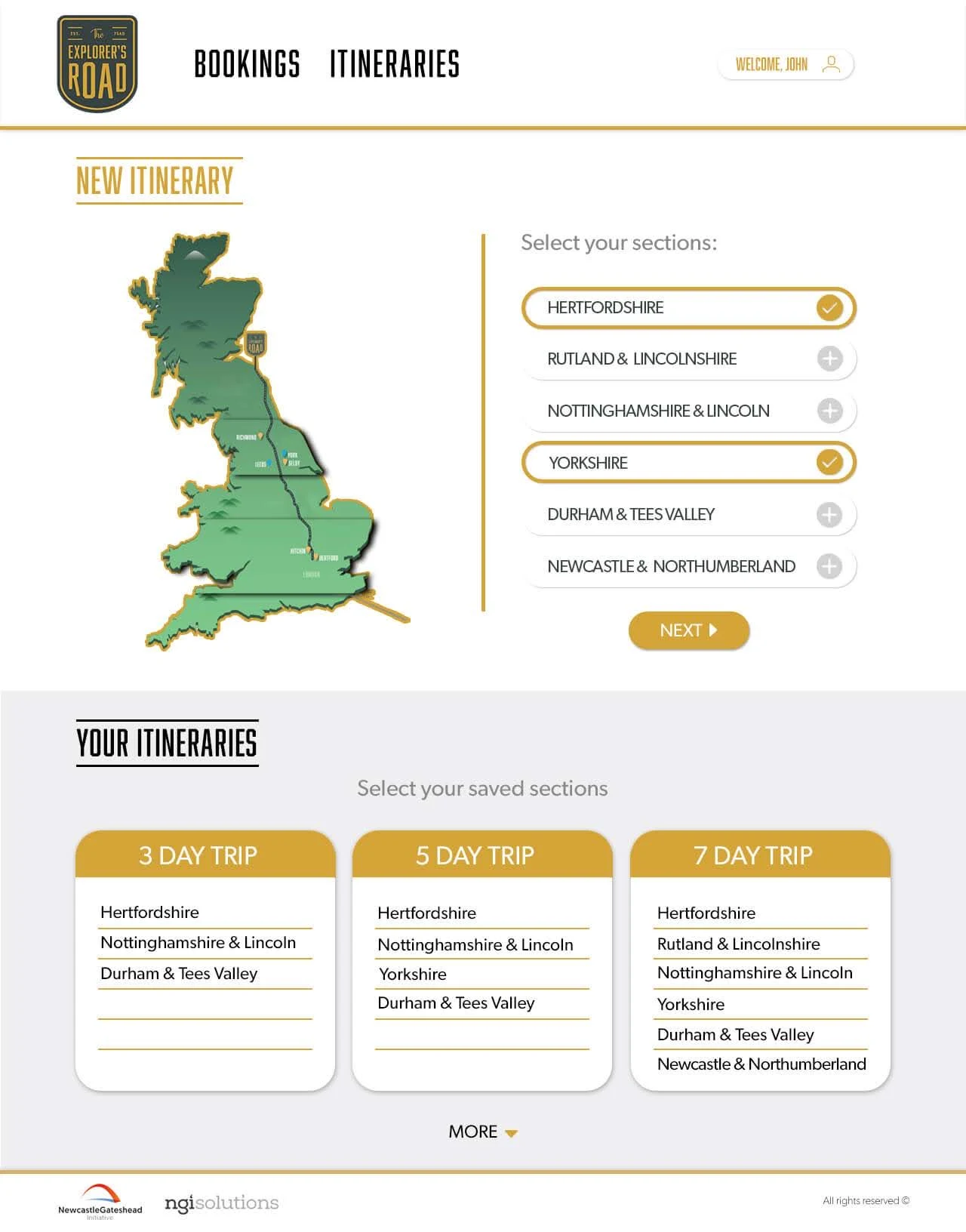 New itinerary: a styled UK map next to a list of route sections, with saved 3, 5 and 7 day trips below